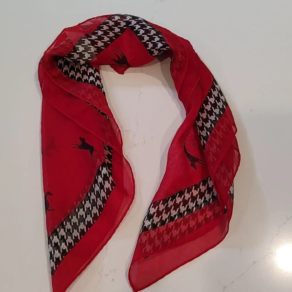 Liz Claiborne Square Novelty Dog Print Red Scarf with Herringbone Trim